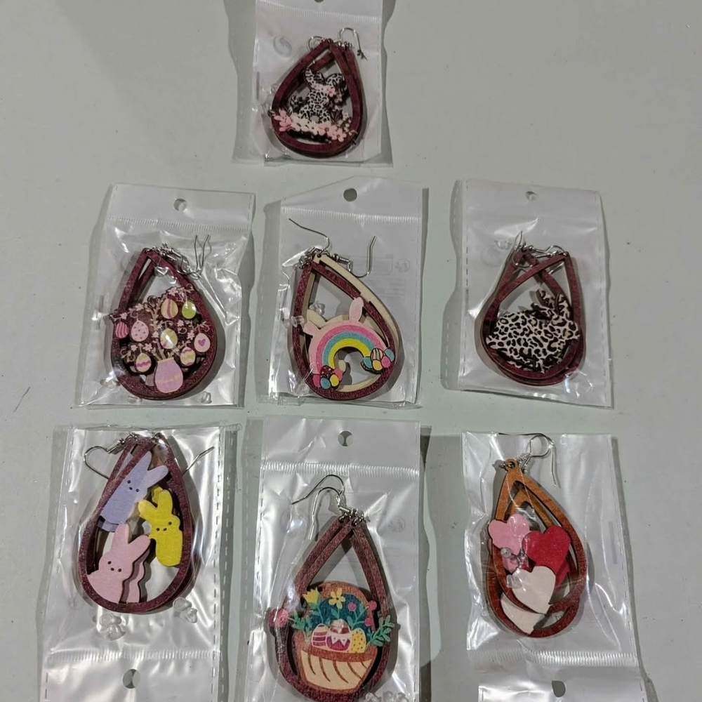 New Colorful Teardrop Wooden Easter Earrings Set